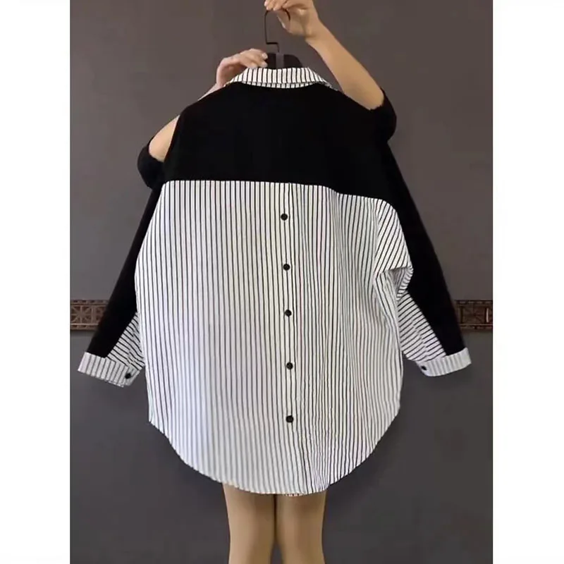 2024 Fashion Korean Striped Patchwork Shirt Female Casual Long Sleeve Loose Single-breasted Blouse Women's Clothing