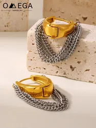 Stainless Steel Hoop Earrings For Women 18k Gold Plated With Multi Silver Color Chain Tassel Women's Buckle Hoops Female Earring