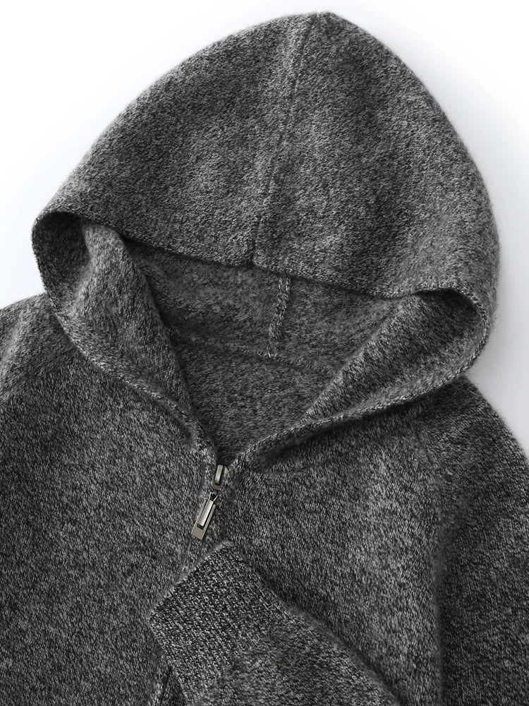 

High Quality Men 100% Cashmere Sweater Thick Hooded Zipper Cardigan Coat Smart Casual Style Soft Warm Cashmere Knitted Jacket
