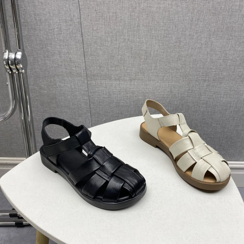 كعب منخفض عادية Roman oes المرأة الصنادل الجلدية شقة بوت رئيس طبقة جلد البقر ماجيك الشريط تو تغطي الصيف وصول جديد #3