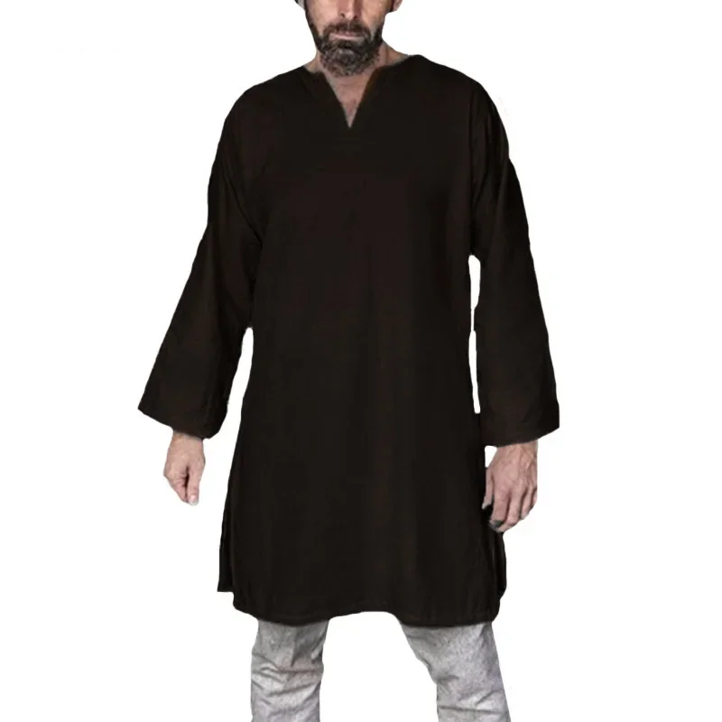 Camicie da uomo medievali europee Tunica Top vichinghi Uomini adulti Guerriero Costume da pirata Camicia a maniche lunghe in cotone Costumi Cosplay di scena