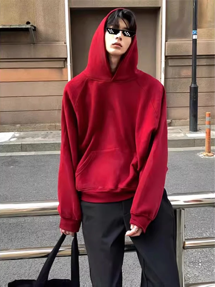 

Retro Wine Red Hoodie Men's Casual Korean Style Spring Autumn Couple's Hooded Jacket Loose Fit Polyester Youth Fashion