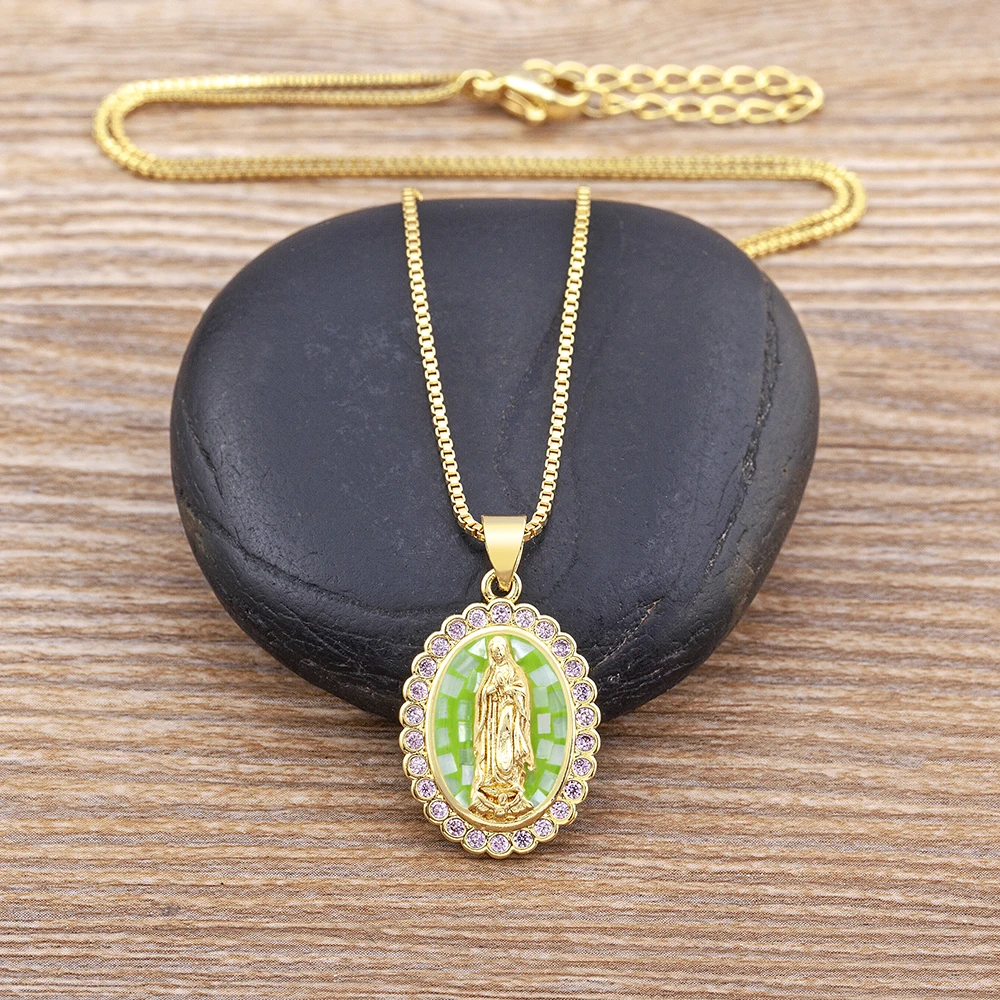 Nidin Top Quality Geometric Virgin Mary 4 Colors Shell Rhinestone Pendant Zircon Necklace Unisex Religious Jewelry Retro Gift