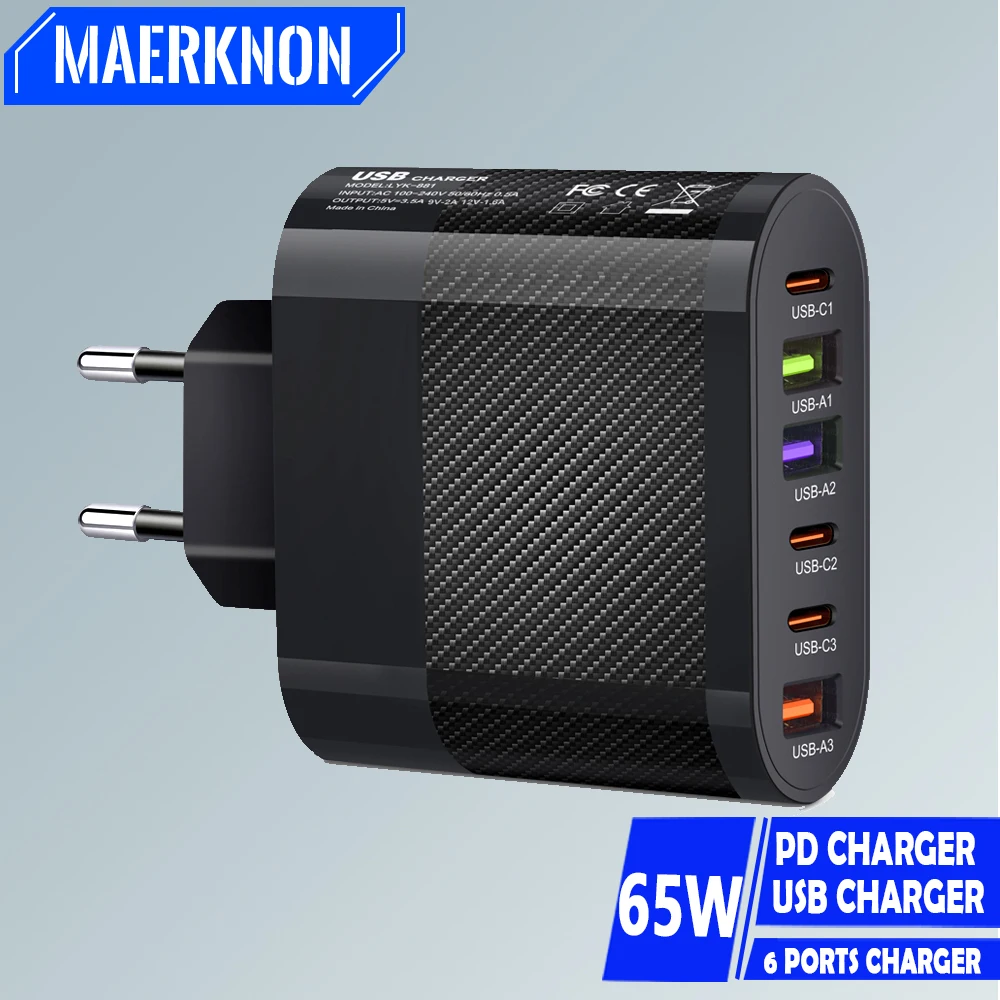 USB 65W 6Ports Fast Charging Type C Charger Mobile Phone Adapter Quick Charger 3.0 For Xiaomi iPhone Samsung Huawei Wall Charger