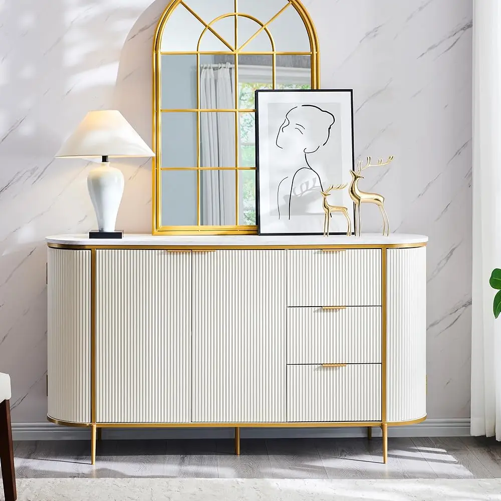 

Fluted Sideboard Buffet Cabinet, Modern 60"" Buffet Table Coffee Bar Wine Bar Storage Console Cabinet, Accent Table For Dining
