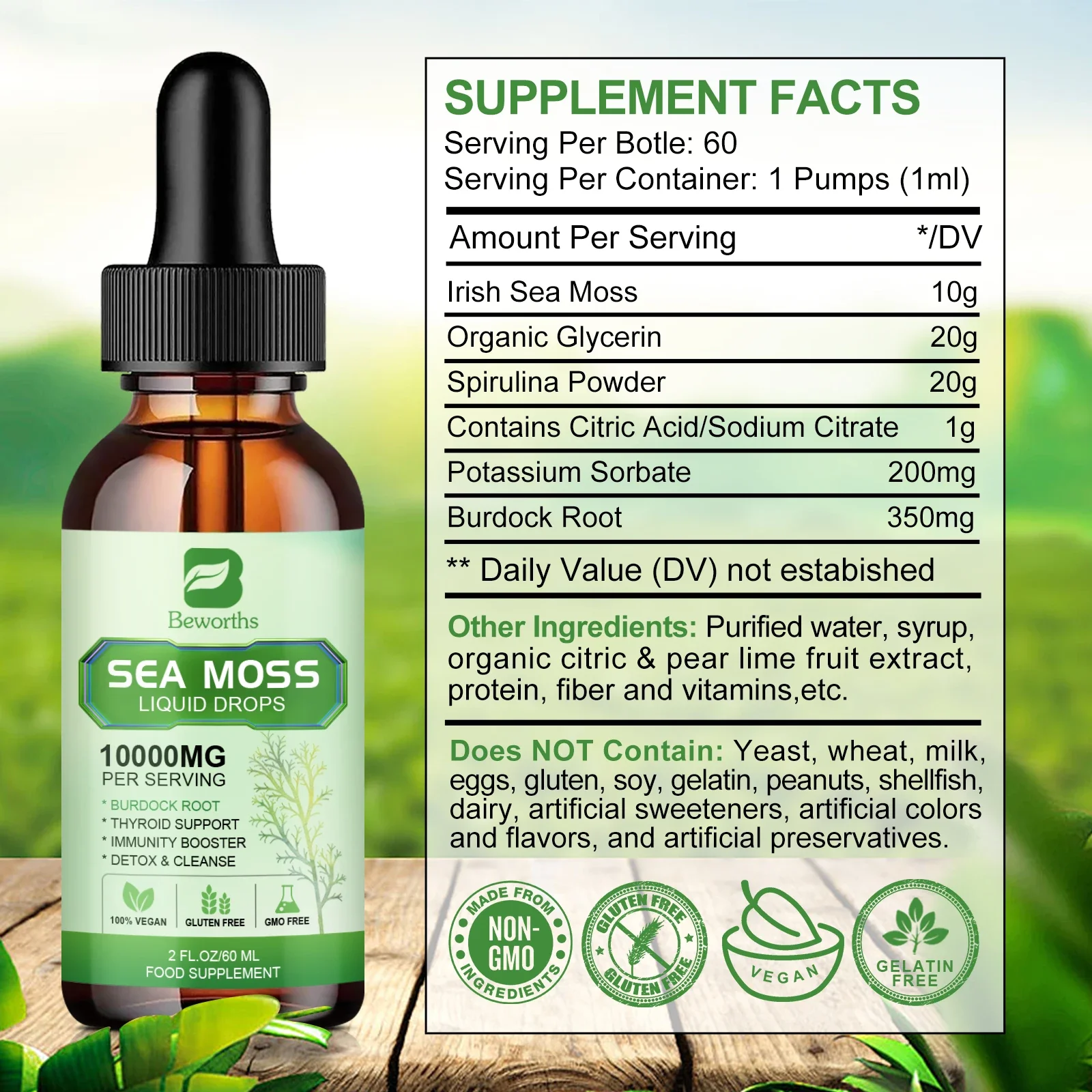 BEWORTHS-Sea Moss Drop Suporte Thyroid,Joint and Immunity Health Help, Suplemento Gestão de Peso Digestão, 100% Orgânico