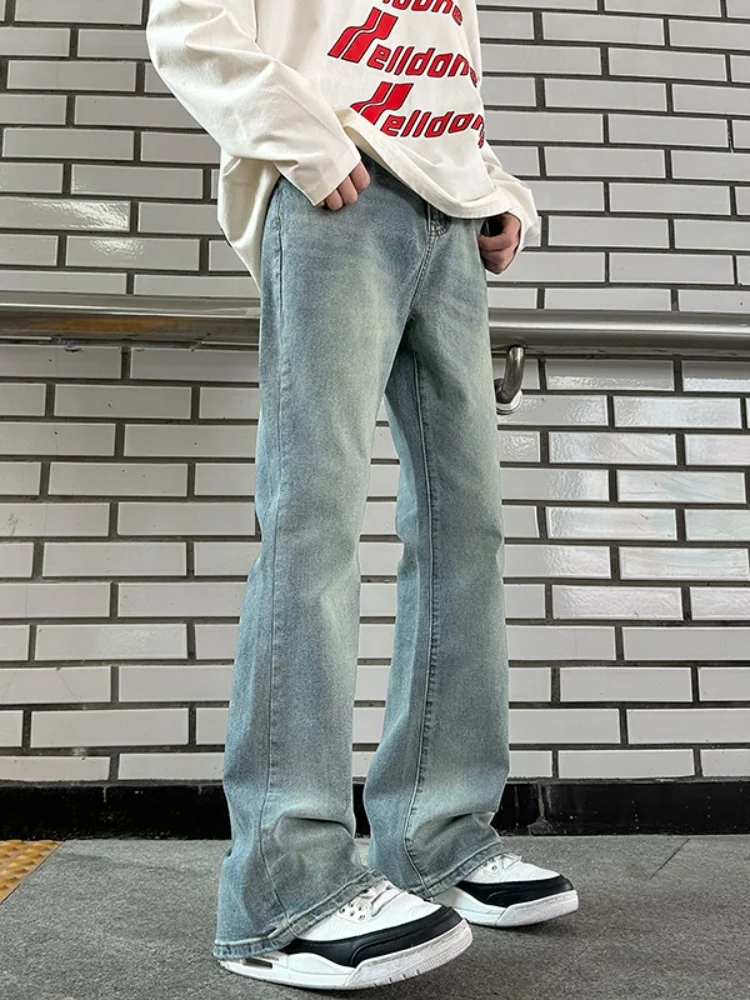 

Мужские джинсы-клеш в американском стиле, прямые, винтажные, с эффектом потертости, повседневные, молодежные, модные, синие, из денима, со средней посадкой, на молнии