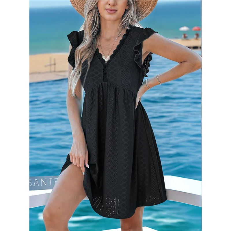 Abrt-vestido feminino de verão, manga plissada, decote em v, midi, moda casual, ajuste fluido, em camadas, boho, praia, férias, vestido de verão