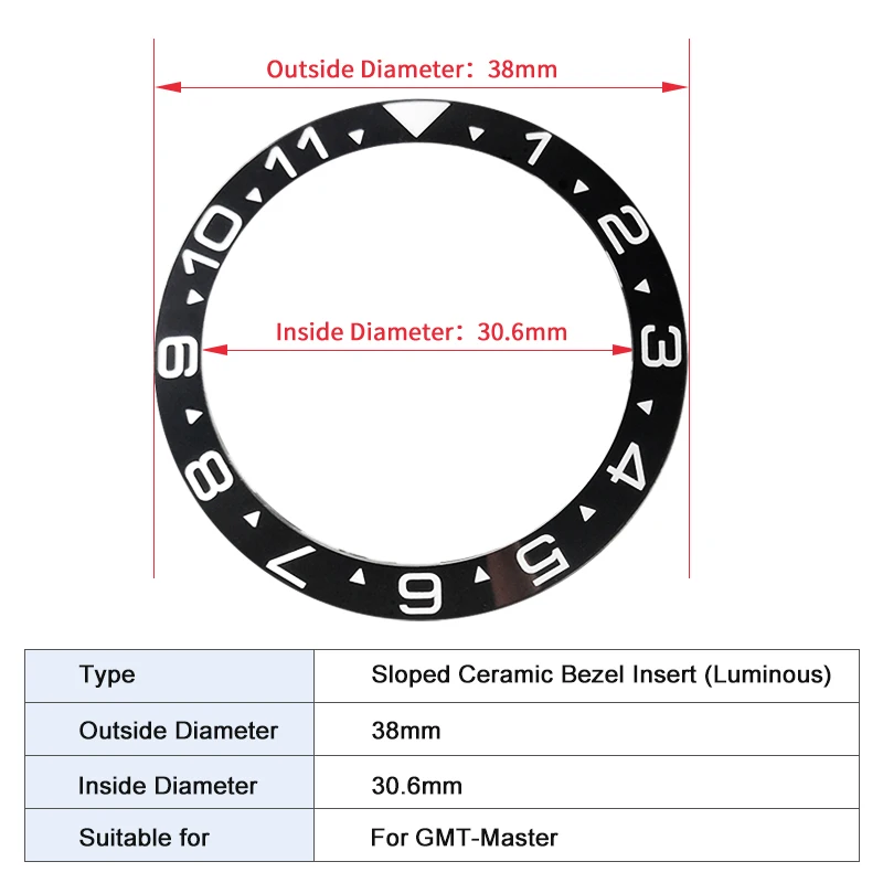 Sloped Ceramic Bezel insert GMT style  38*30.6mm For GMT-Master MOD watch parts (No Luminous)