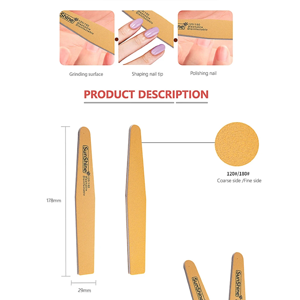 SunShine 10pcs Professional Wooden Nail File Emery Board Strong Thick 120/180 Grit for UV Gel Polish Manicure Sanding Care Tools