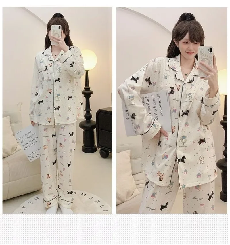 M-5XL Plus Size Women Pajamas Spring Cartoon Cute Sleepwear Long-Sleeved Button Down Top Trousers Loose Homesuit Cozy Loungewear