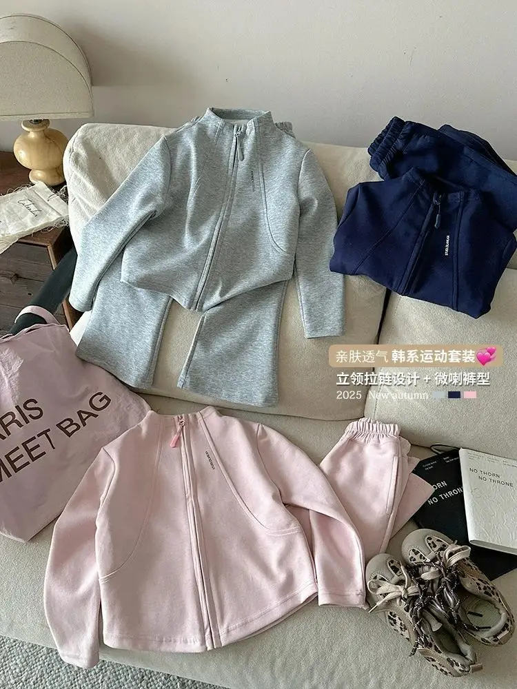 2026 Neue Mode Baby Mädchen 2-teiliges Sportoutfit Einfarbige Reißverschlussjacke Oberteil Schlaghose Anzug für Frühling Herbst Kinder – Detail 9