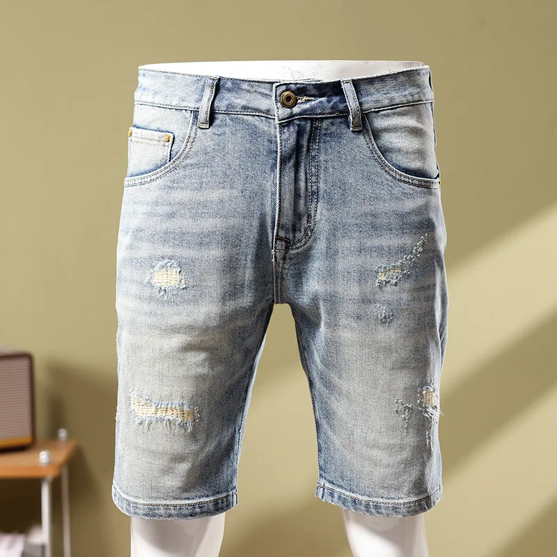 Fashion denim shorts for men2024summer scratch street trend retro slim fit light straight-leg casual cropped pants