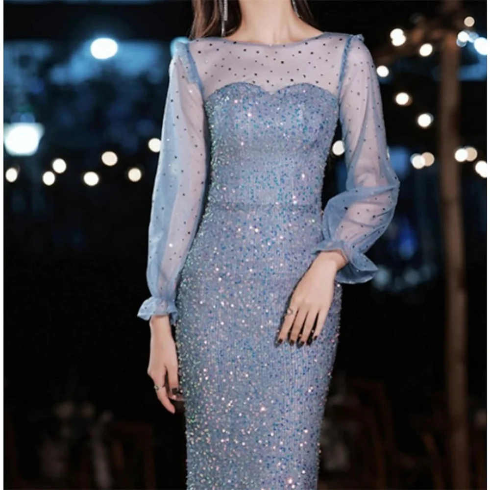 Elegant Sheath Prom Dress for Women Jewel Neck Long Sleeve Floor Length Sequined Bridesmaid Formal Party Wedding Celebrity Gowns