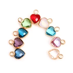 10PCs Copper Charms Gold Color Metal Multicolor Glass Heart Faceted Pendants DIY Making Necklace Earrings Jewelry 9mm x 7mm