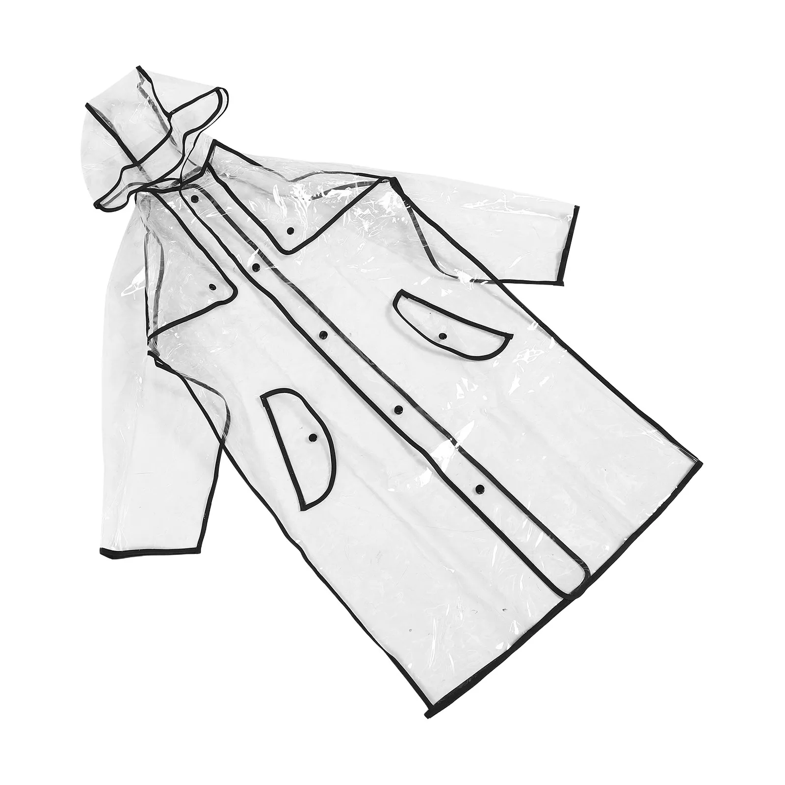 Student Clear Raincoat Hooded Black Edge Button Closure Lightweight Portable Waterproof Kids Rain Jacket 140Cm Height