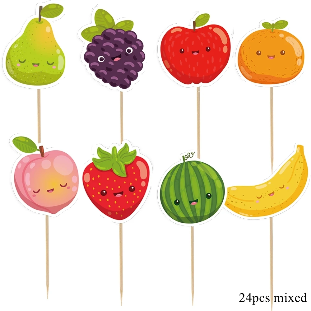 24pcs Fruits Cake Topper Strawberry Watermelon Smiling Face Cupcake Toppers for Kids Summer Fruits Birthday Party Decorations