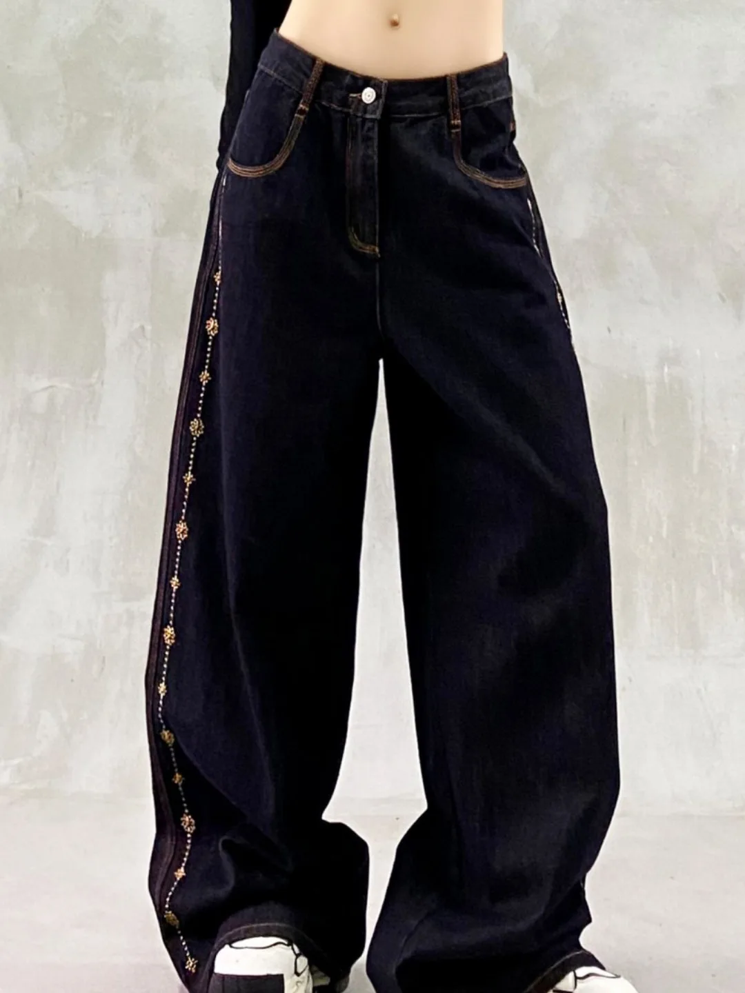 

High Waist Straight Leg Jeans Women's Spring Autumn Casual Wide Leg Pants Patchwork Color Block Pocket Design Trendy Cotton D...