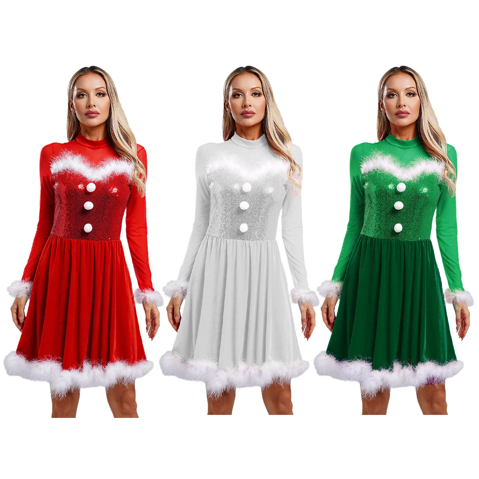 Womens Christmas Sequin Mrs Claus Dress Long Sleeve Pompom Fuzzy Feather Trim A-line Dress with Briefs for Dress-up Party