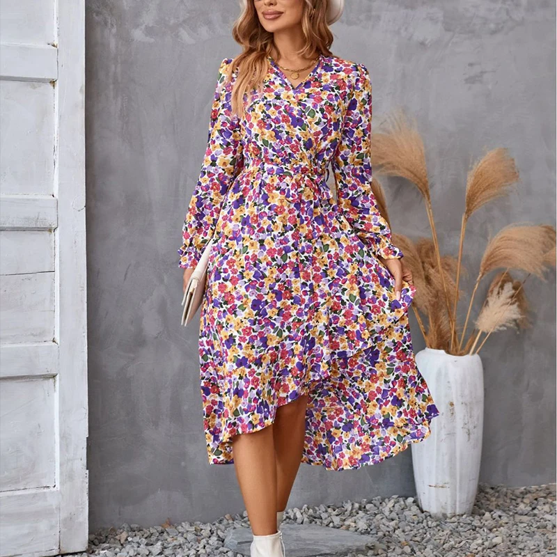 Casual bloemenprint dames zomer strand lange jurk sexy boho v-hals lente herfst winter elegante lange mouwen jurken vestido