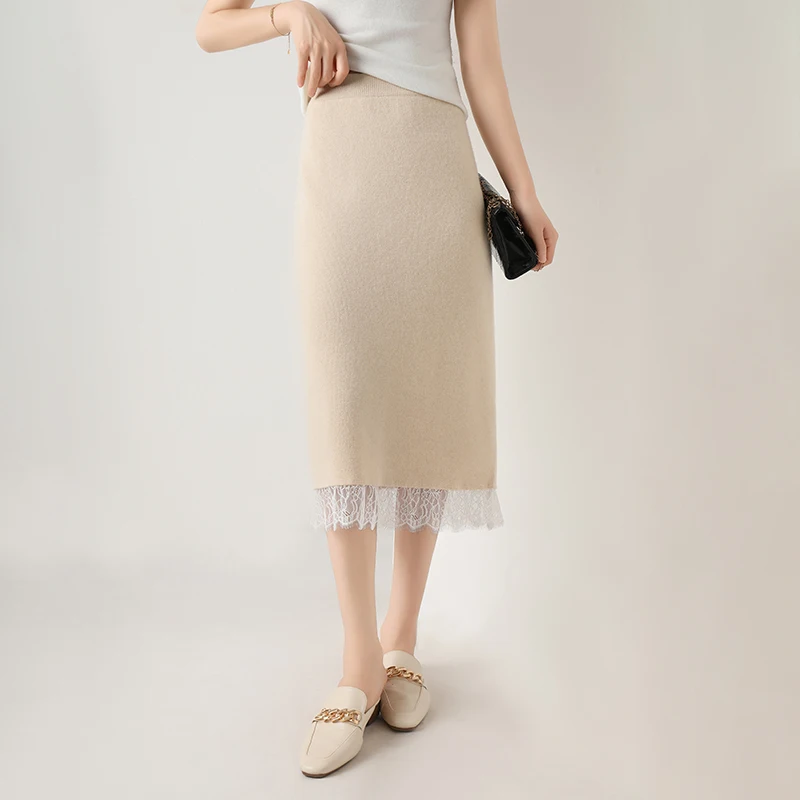 

Autumn And Winter Pure Wool Skirt Ladies A Wool Skirt High Waist Lace Skirt Joker Knitted Lace Skirt