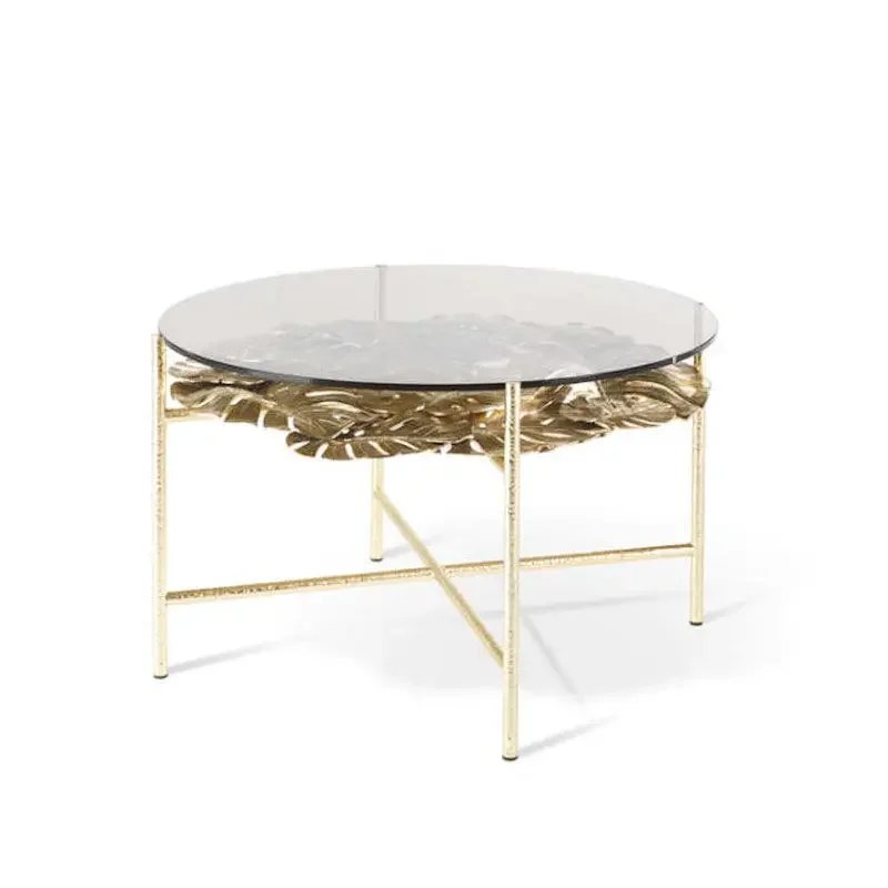 Pure copper base round coffee table, brass glass leaves, high-end coffee table, villa hotel