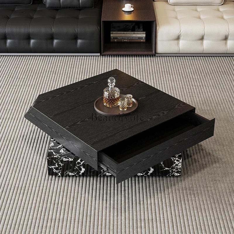 

44 Italian Minimalist Coffee Table Rotatable Drawer Storage Marble Living Room Home