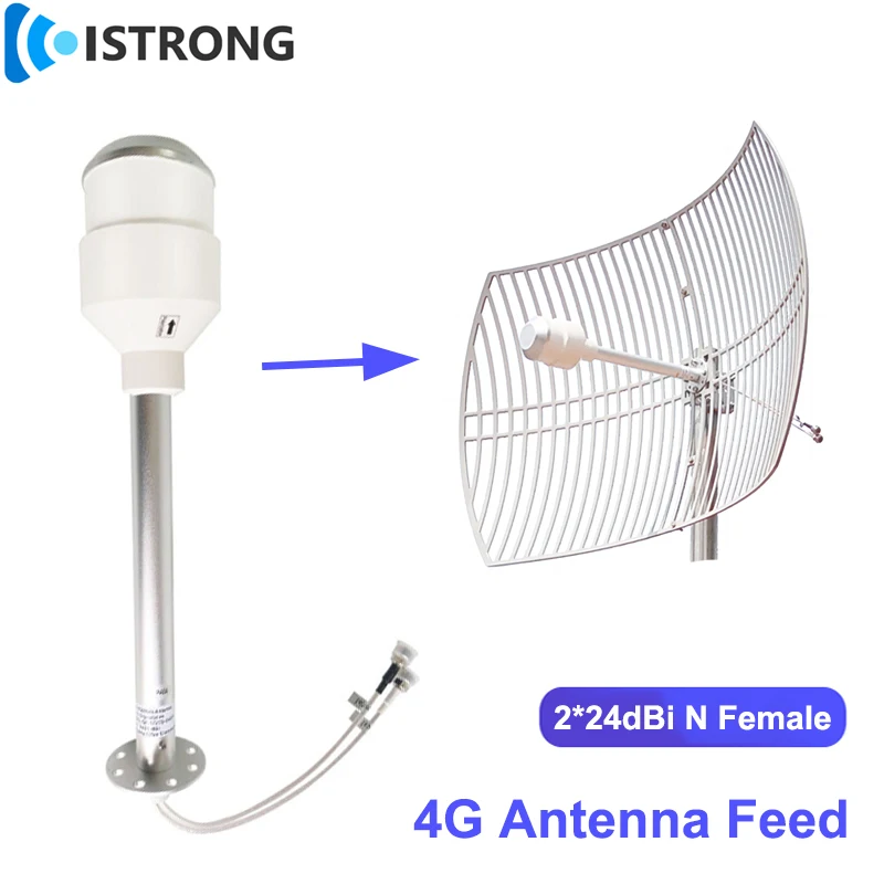 4G Outdoor Premium Directional Antenna Feed 2*24dB Long Range Dual Band Feedhorn N-Female for Bipolarized Parabolic Grid Antenna