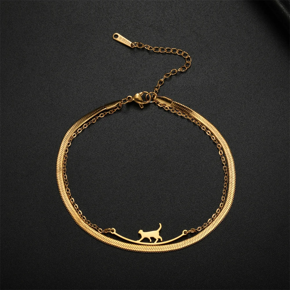 My Shape Walking Cat Charms Bracelets for Women Girls Cute Animal Kitten Pendant Double Layers Chain Bracelet Bangle Jewelry