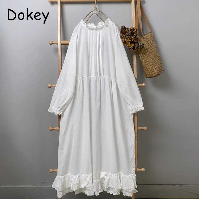 Women\'s Japanese Mori White Cotton Linen Midi Dress Casual O Neck Long Sleeve Pullover Dresses, Retro Pleated Loose Robe, Spring