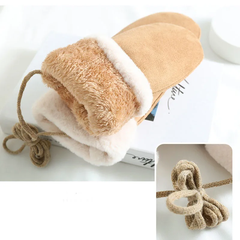 Suede Mittens Women Winter Keep Warm Thickened Hanging Rope Gloves Cute Lovely Sweety Windproof Outdoor Drive Cycling