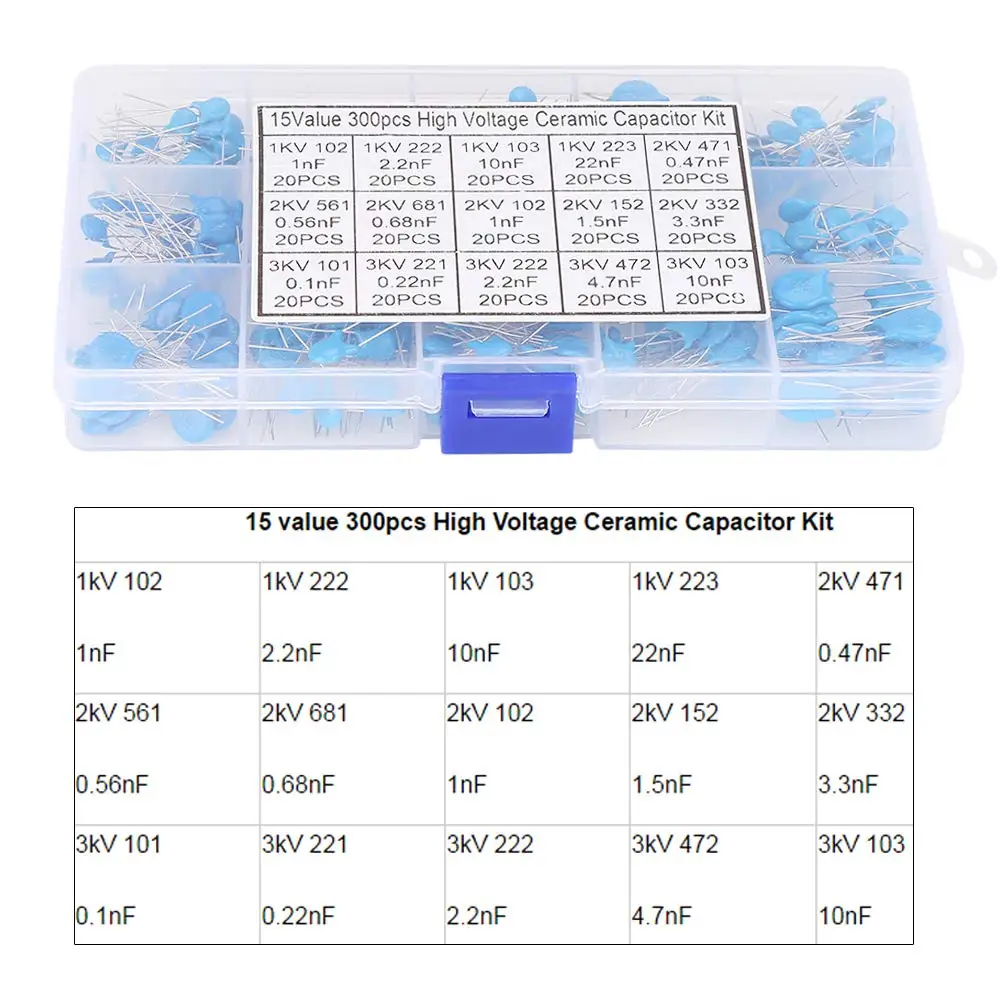 300 قطعة/صندوق 15 قيمة x 20 قطعة 1KV 2KV 3KV 1NF 10NF 22NF 0.47NF 0.1NF 10NF مكثفات سيراميك عالية الجهد مجموعة متنوعة