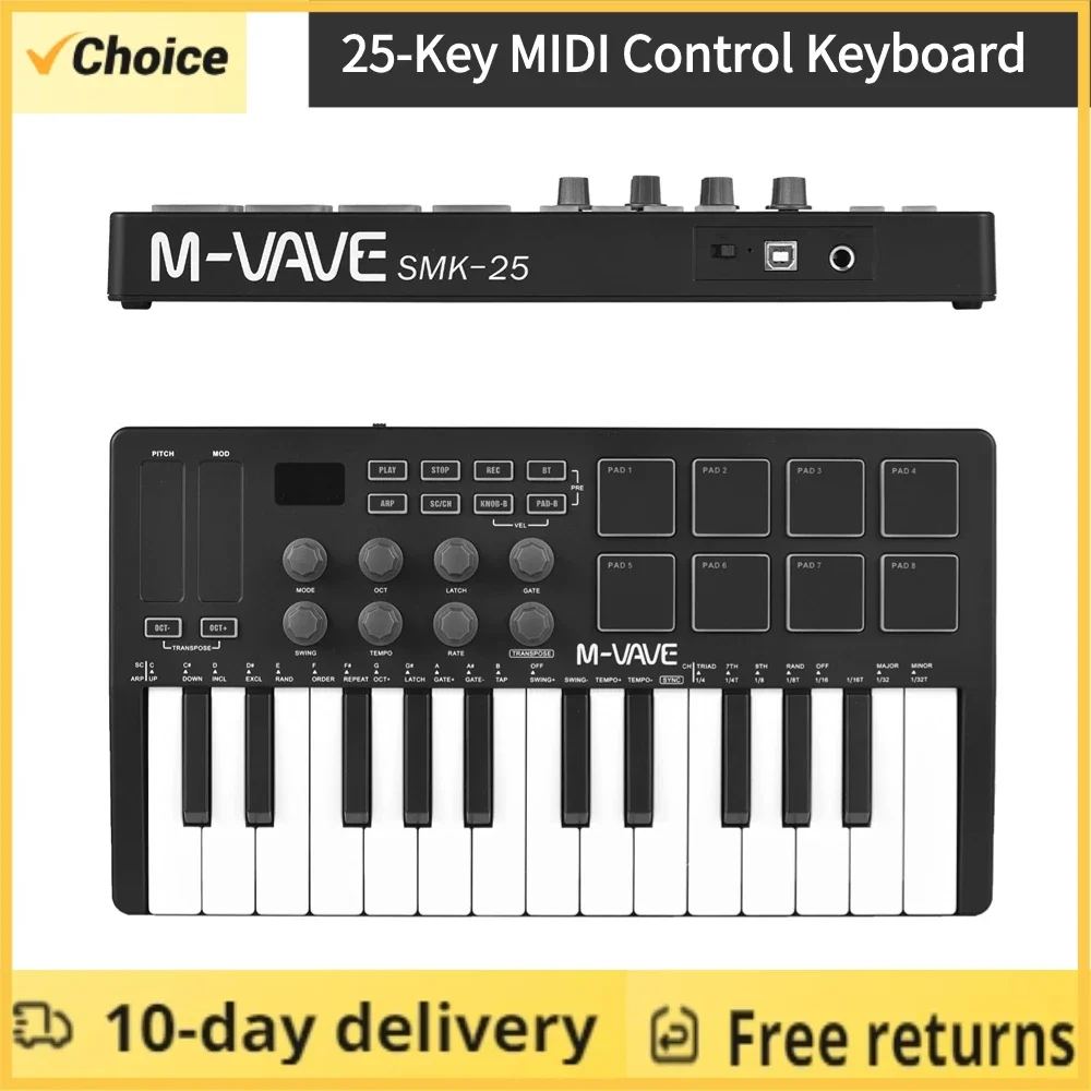 

Mini Portable MIDI Control Keyboard, USB with 25 Velocity Sensitive Keys, 8 RGB Backlit Pads, 8 Knobs, M-VAVE