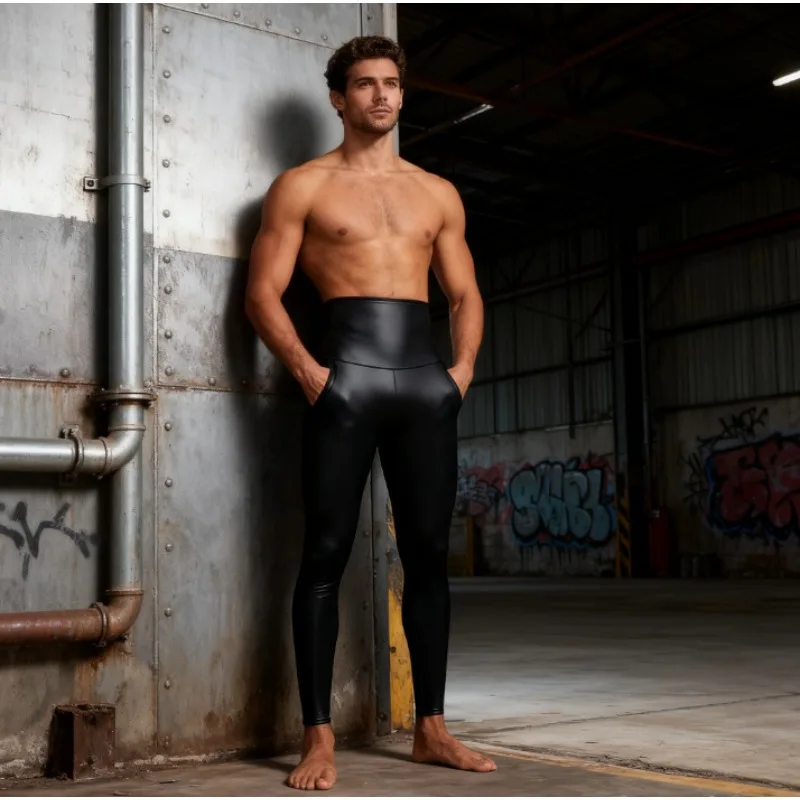 

Men's High Waist Leather Pants 4-Way Stretch Tummy Control Butt Lifting Ankle Length