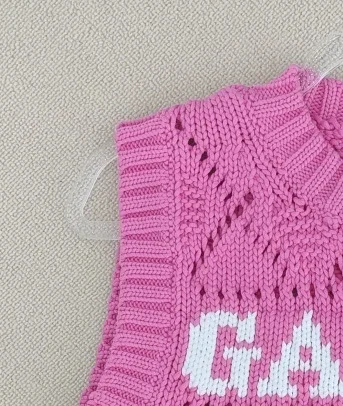 100% wool GA LOGO Letter Sweater Vest Crew Neck Knitted  Sleeveless Tanks Pink Color Jumper Camis