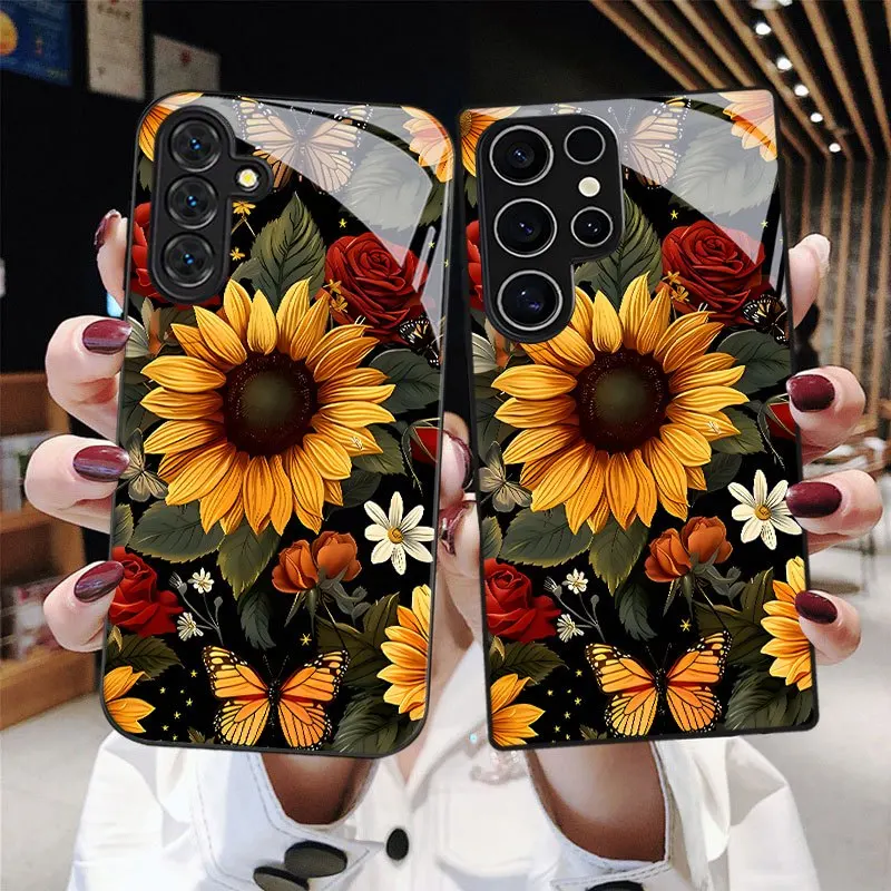 Sunflower & butterfly pattern Tempered Glass Phone Case For Samsung Galaxy S26/25/24/24/23/22 FE PLUS Edge Ultra Lens protection