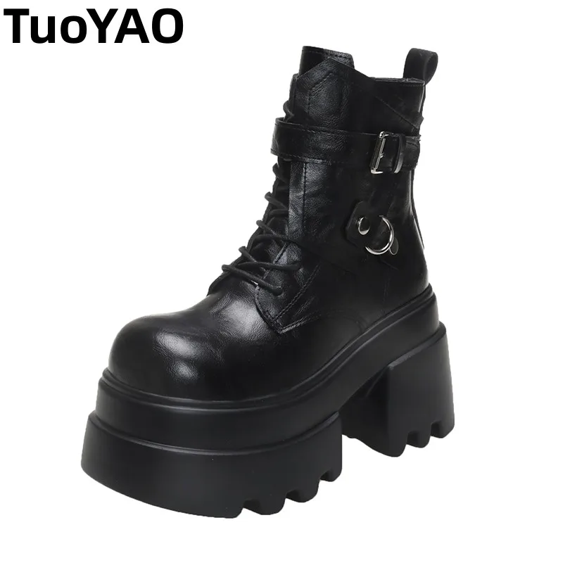 

Women's High Platform Motorcycles Boots Winter 10CM Wedge Heels Warm Ankle Boots Chunky Sneakers New Autumn Leather Shoes Woman