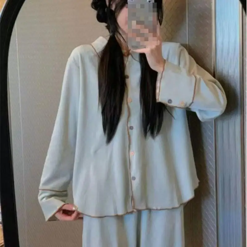 Korean Version Women's Simple Sleepwear Autumn Winter New Item Youth Long Sleeved Long Pants Set Student Comfortable Home Clothe