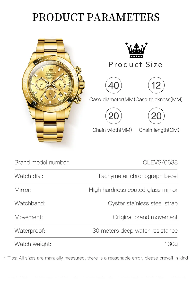 OLEVS Full Gold Automatic Wristwatch for Men Auto Date Waterproof High end Men\'s Watches