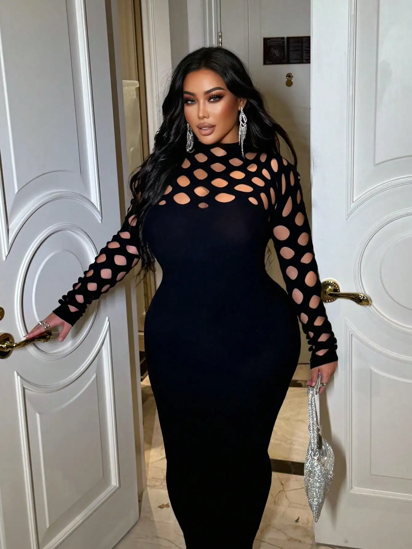 

Black Plus Size Hollow Out Long Sleeve Bodycon Dress for Evening