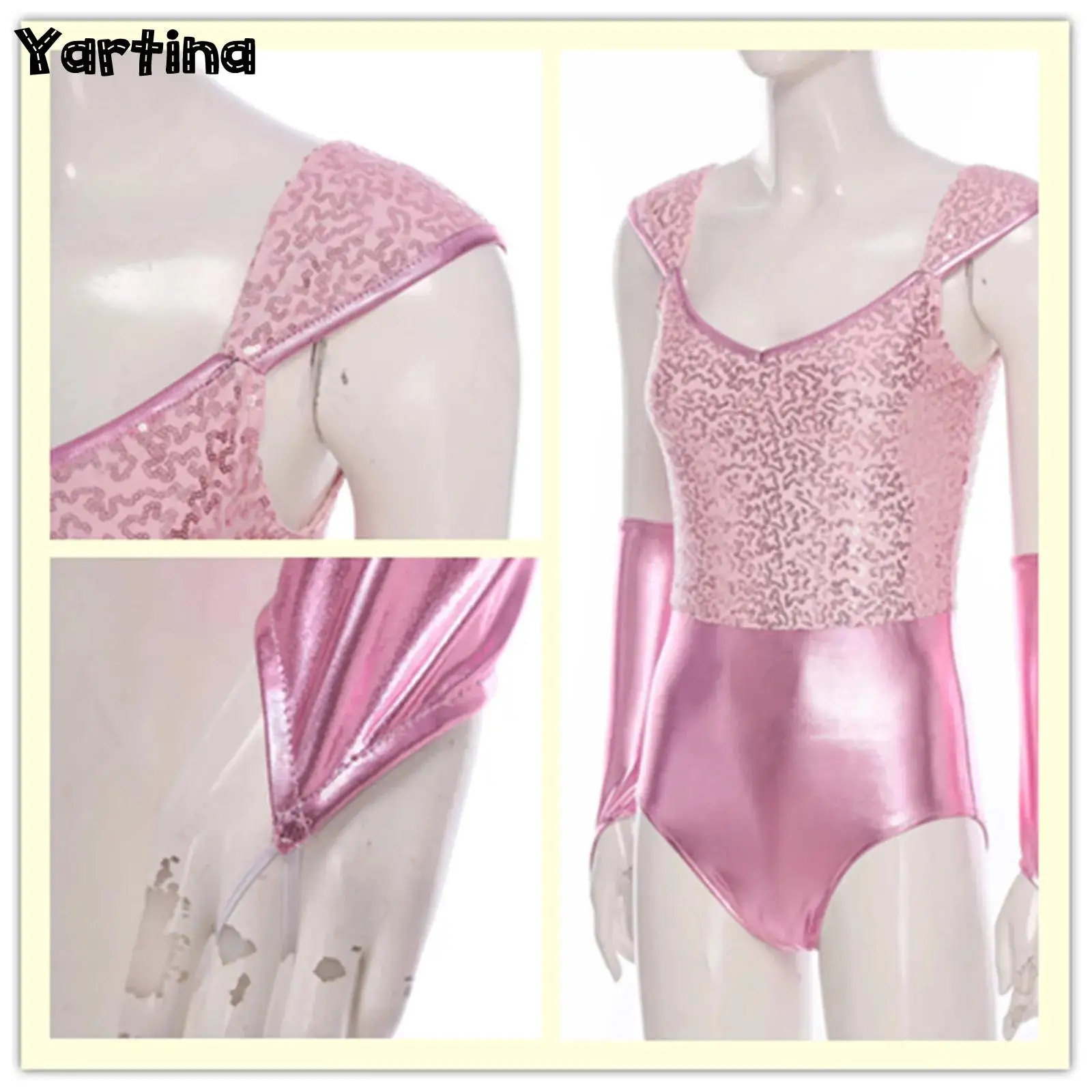 Leotardos de gimnasia para mujer, ropa para discoteca, disfraces, peleles metálicos brillantes con lentejuelas brillantes y mangas extraíbles