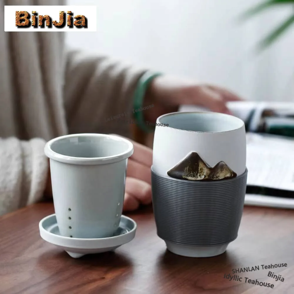 

300ml Painted Landscape Ceramic Cup with Lid Filter Coarse Pottery Office Brewing Mug Portable Travel Water Jug Coffeeware Gifts