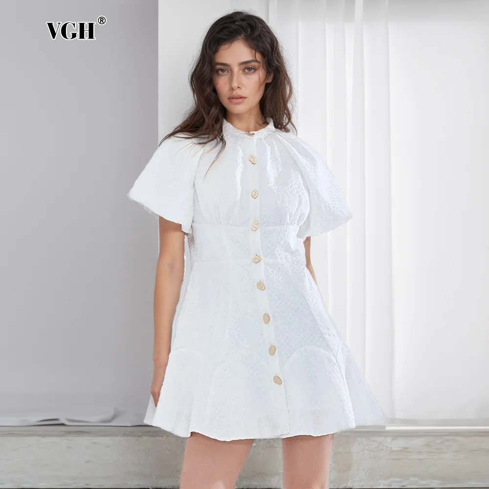 

VGH Patchwork Buttons White Dress For Women Round Neck Puff Sleeve Casual Mini Dresses Female Fashion New 2024 Clothing