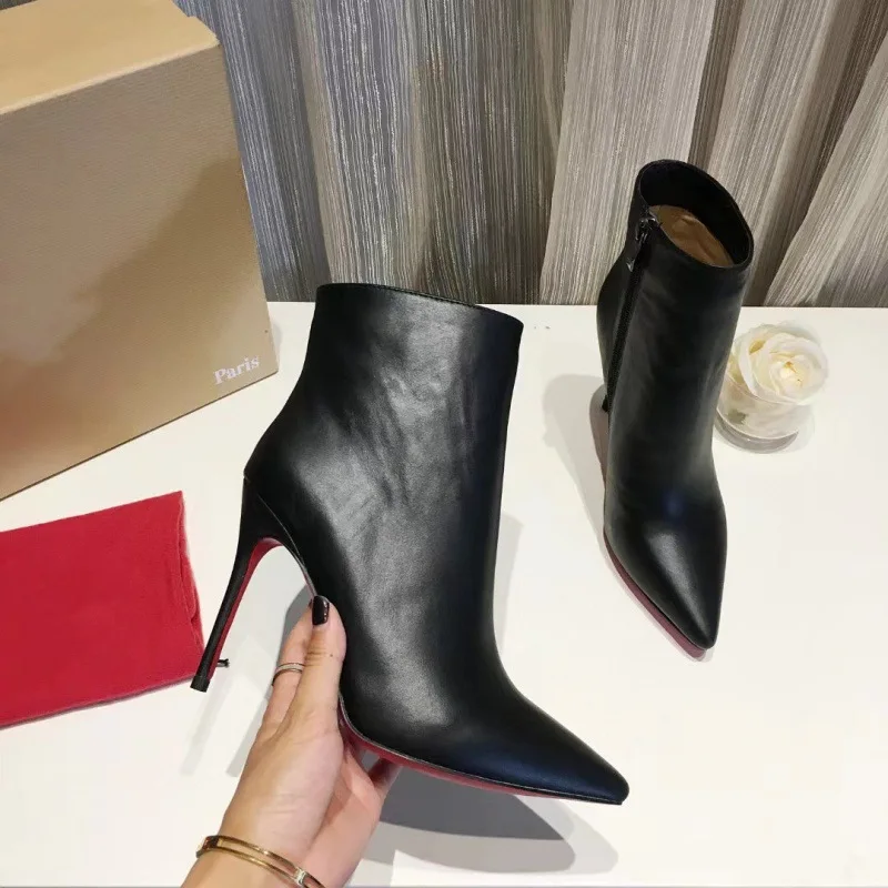 Hemegot Black Leather Pointed Toe Short Boots For Women Side Zipper Red Sole Botas Mujer Stiletto High Heels Mature Female 2025