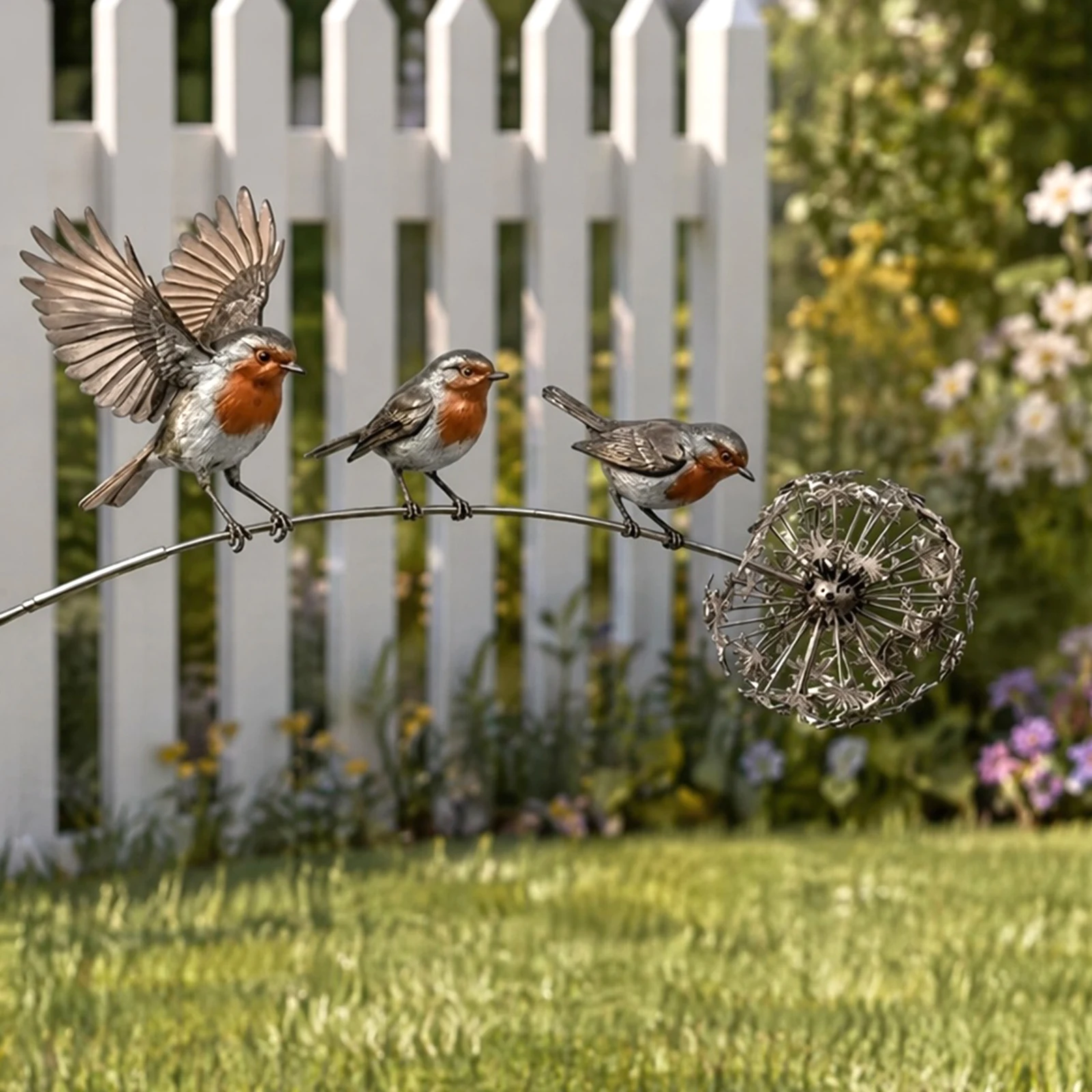 Metal Robins Bird Garden Sculpture Weather Resist Memorial Outdoor Stakes Kinetic Birds Art Ornament for Lawn Patio Walkway view 3