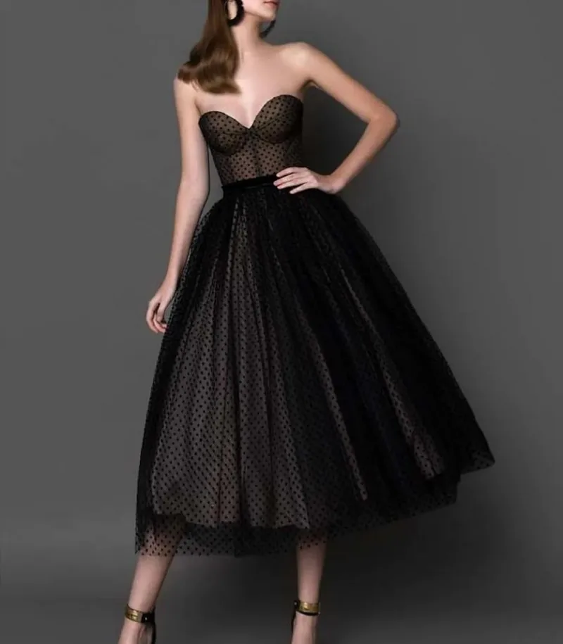 

A-Line Black Cocktail Party Dress Strapless Tea Length Dot Tulle Graduation Homecoming Gowns Robe De Soriee 2022