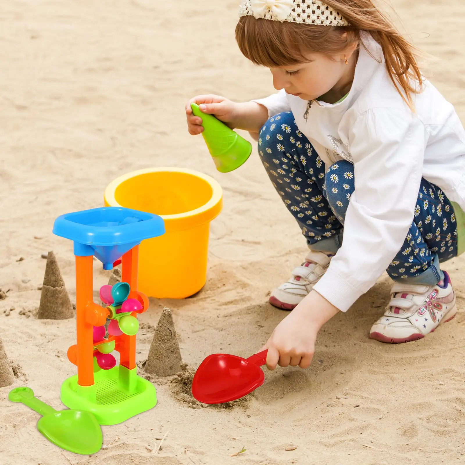 Zestaw zabawek z kołem wodnym na zewnątrz Plastikowe piaskownica plażowa dla dzieci Zabawki do piasku plażowego Klepsydra Lejek do przesiewania wody Letni stół do piasku plażowego