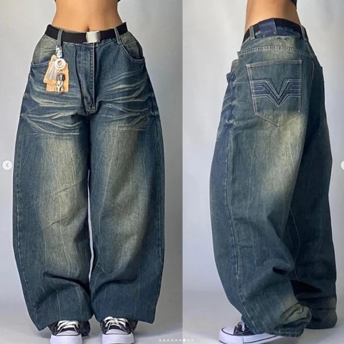 Imagen 2 del producto 2024 nuevo americano Harajuku Retro recto de cintura alta Y2K estilo callejero mujeres lavado azul bolsillos pantalones vaqueros holgados pantalones anchos góticos