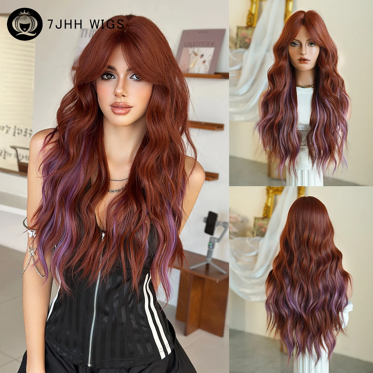 7JHH WIGS Long Water Wavy Copper Highlight Purple Wig for Women Modest Fashion Synthetic Middle Part Wigs with Curtain Bangs