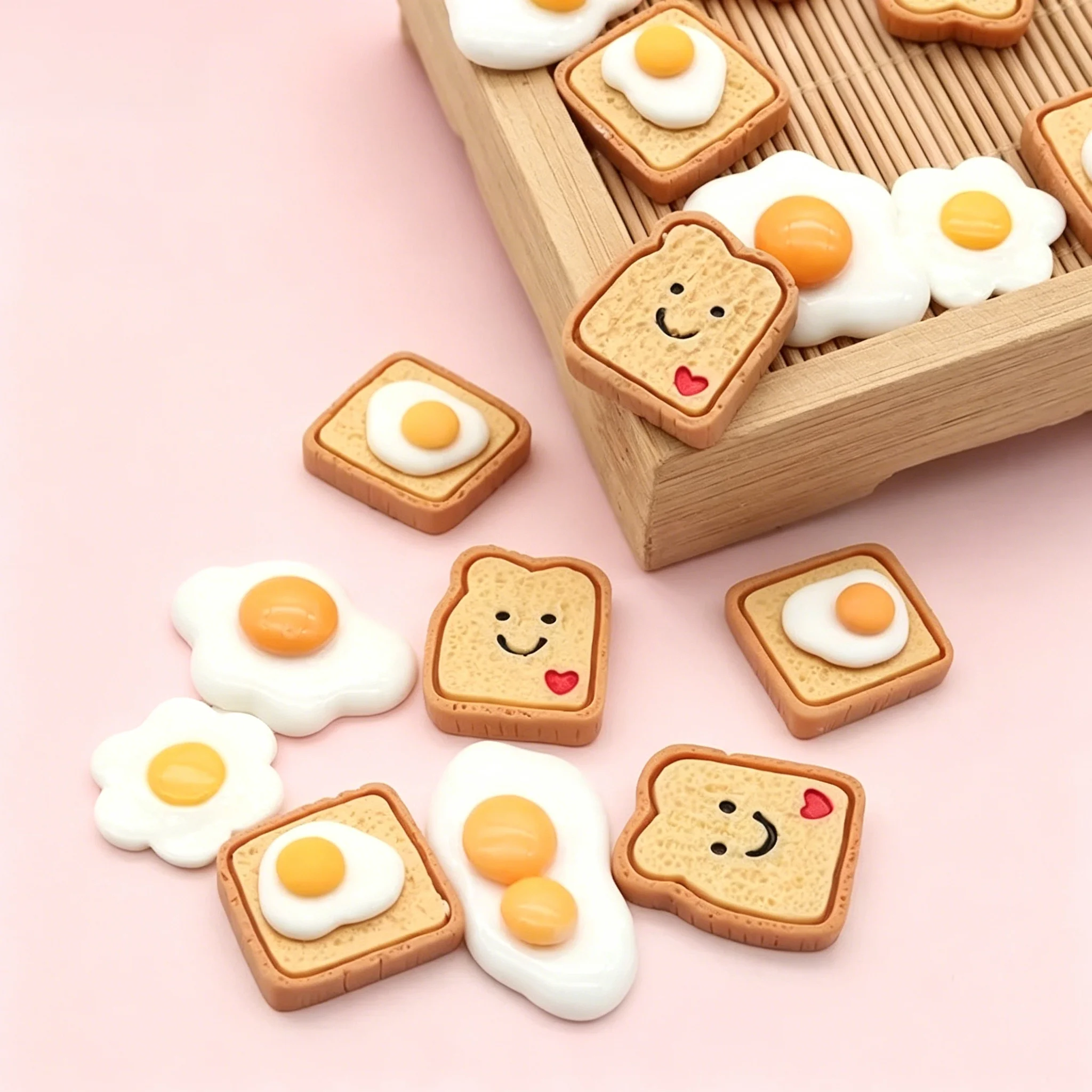10Pcs Kawaii Mixed Bread & Fried Egg Resin Flatback Cabochons, DIY Hair Clip Accessories